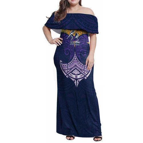 Personalized Melbourne Storm Family Matching Off Shoulder Maxi Dress and Hawaiian Shirt Polynesian Tribal Pattern Style