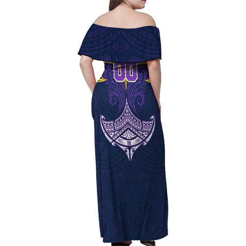 Personalized Melbourne Storm Family Matching Off Shoulder Maxi Dress and Hawaiian Shirt Polynesian Tribal Pattern Style