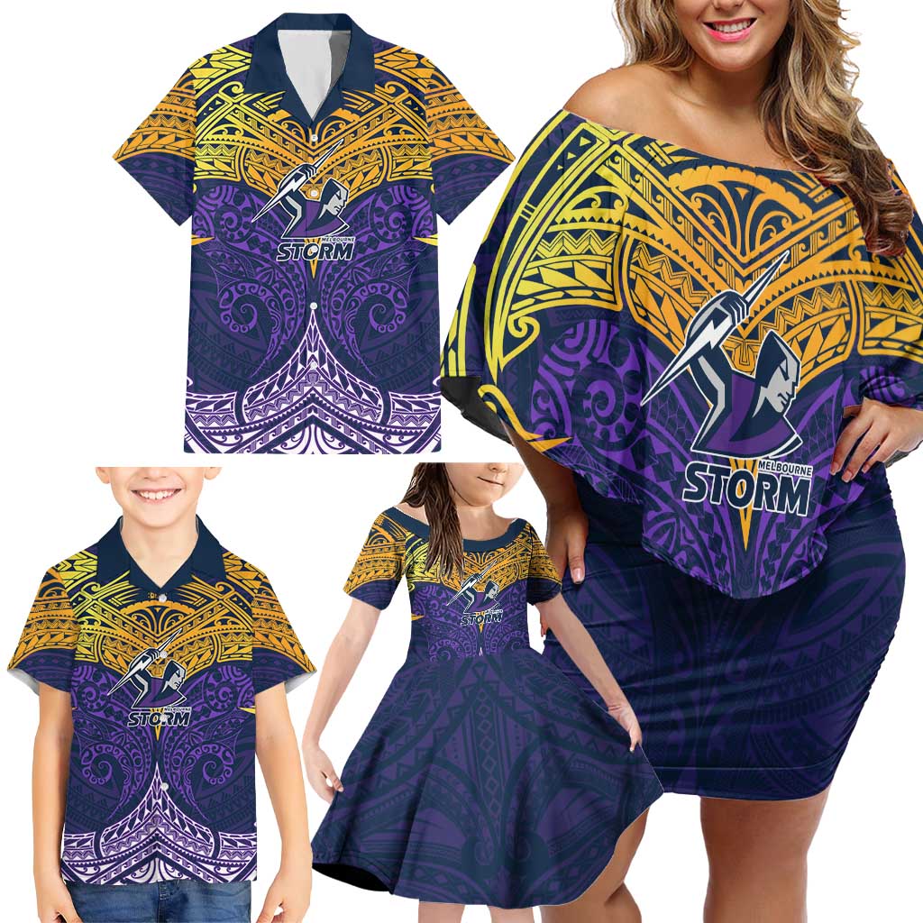 Personalized Melbourne Storm Family Matching Off Shoulder Short Dress and Hawaiian Shirt Polynesian Tribal Pattern Style