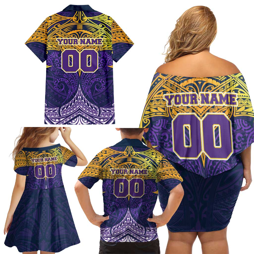 Personalized Melbourne Storm Family Matching Off Shoulder Short Dress and Hawaiian Shirt Polynesian Tribal Pattern Style