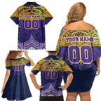 Personalized Melbourne Storm Family Matching Off Shoulder Short Dress and Hawaiian Shirt Polynesian Tribal Pattern Style