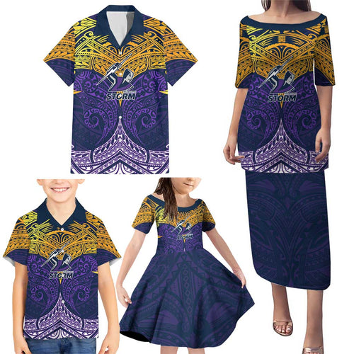 Personalized Melbourne Storm Family Matching Puletasi and Hawaiian Shirt Polynesian Tribal Pattern Style