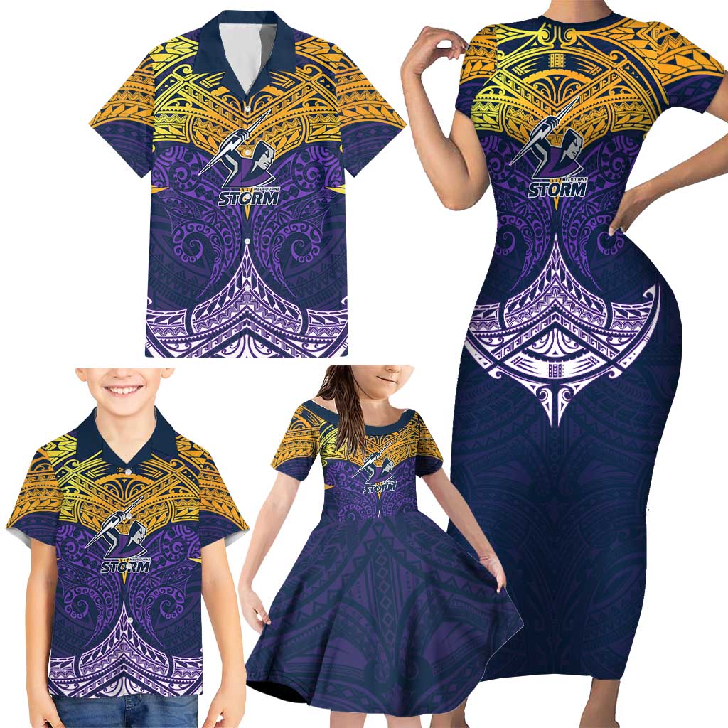 Personalized Melbourne Storm Family Matching Short Sleeve Bodycon Dress and Hawaiian Shirt Polynesian Tribal Pattern Style