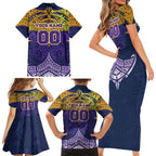 Personalized Melbourne Storm Family Matching Short Sleeve Bodycon Dress and Hawaiian Shirt Polynesian Tribal Pattern Style