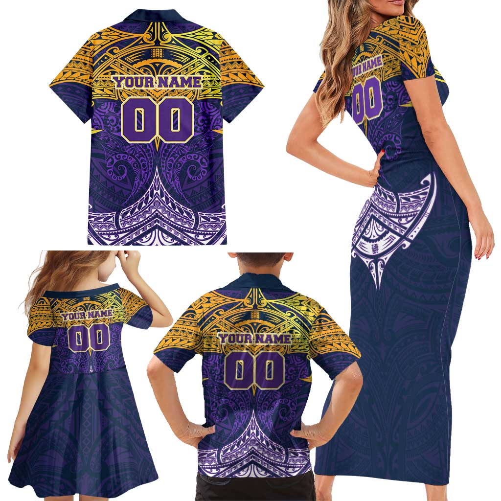 Personalized Melbourne Storm Family Matching Short Sleeve Bodycon Dress and Hawaiian Shirt Polynesian Tribal Pattern Style