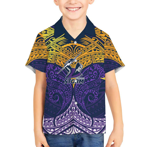 Personalized Melbourne Storm Family Matching Short Sleeve Bodycon Dress and Hawaiian Shirt Polynesian Tribal Pattern Style