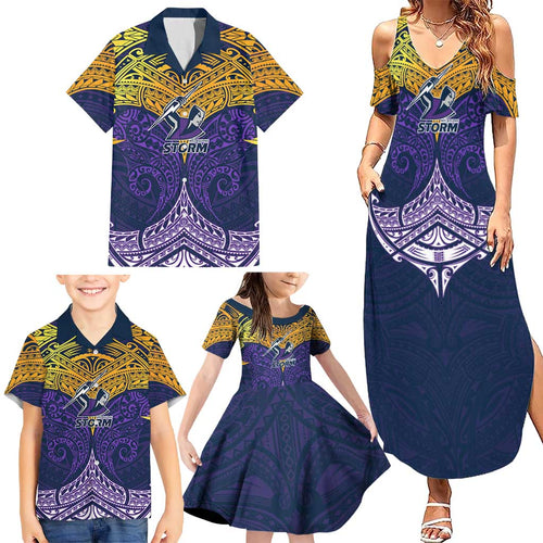 Personalized Melbourne Storm Family Matching Summer Maxi Dress and Hawaiian Shirt Polynesian Tribal Pattern Style