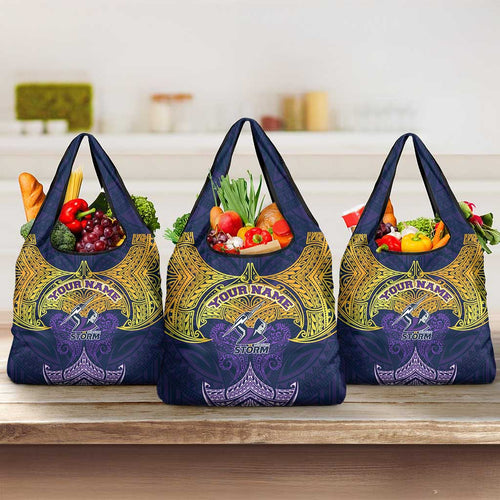 Personalized Melbourne Storm Grocery Bag Polynesian Tribal Pattern Style