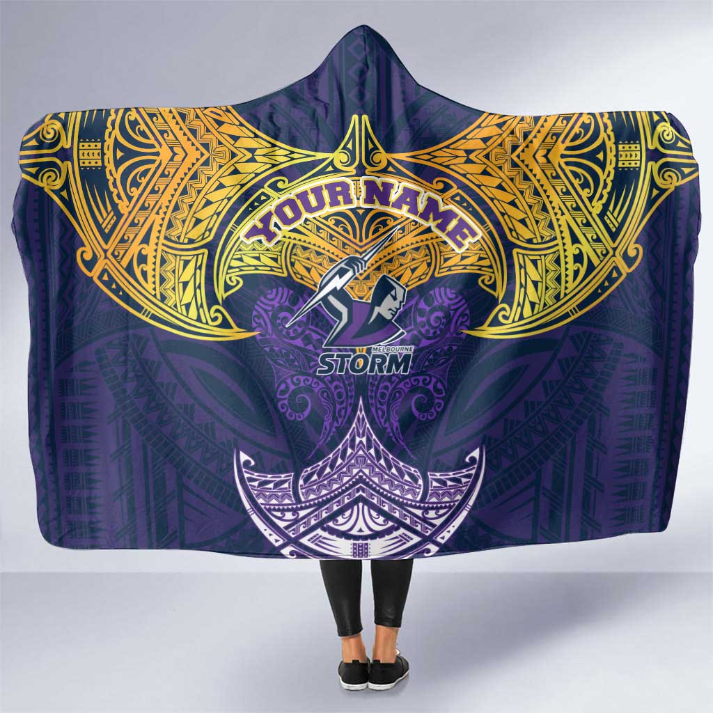 Personalized Melbourne Storm Hooded Blanket Polynesian Tribal Pattern Style