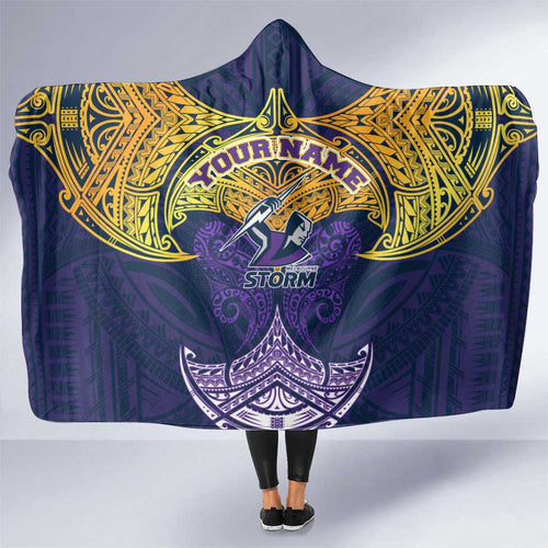 Personalized Melbourne Storm Hooded Blanket Polynesian Tribal Pattern Style