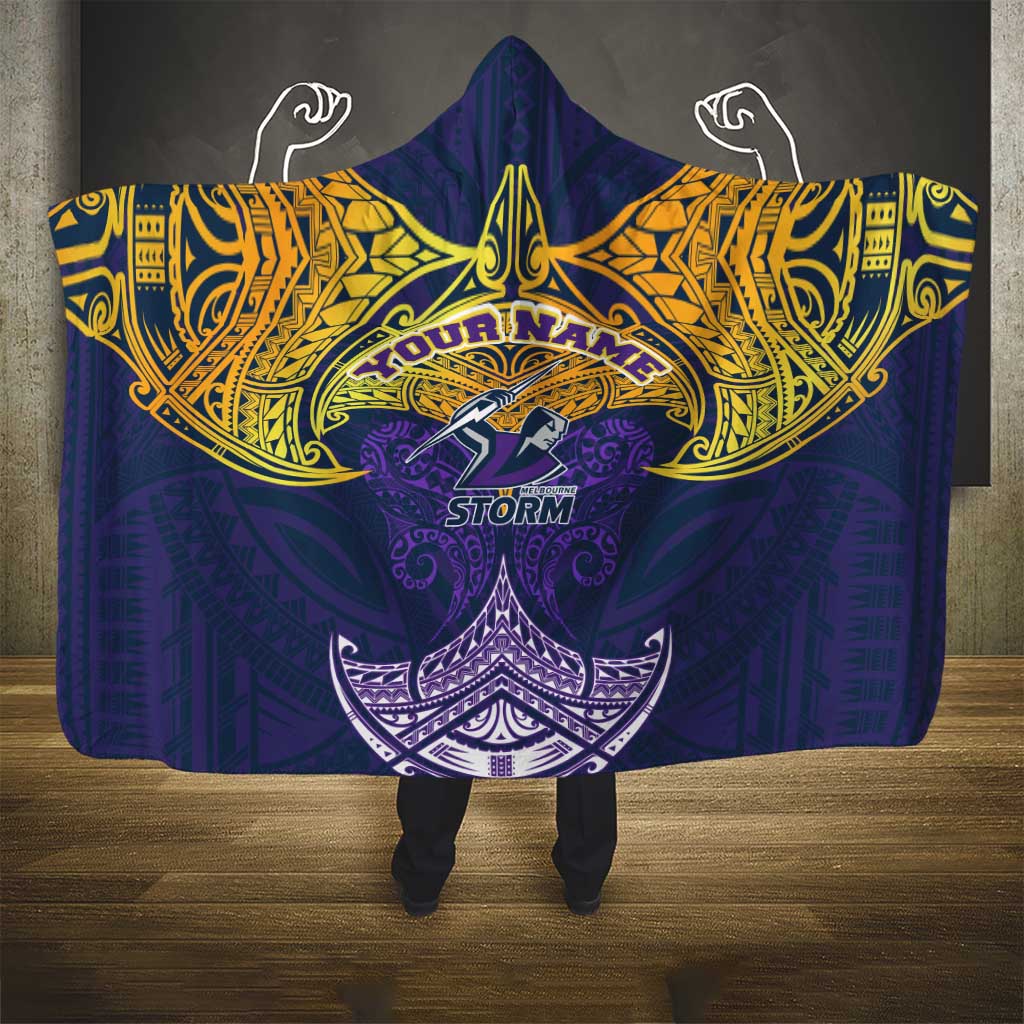 Personalized Melbourne Storm Hooded Blanket Polynesian Tribal Pattern Style