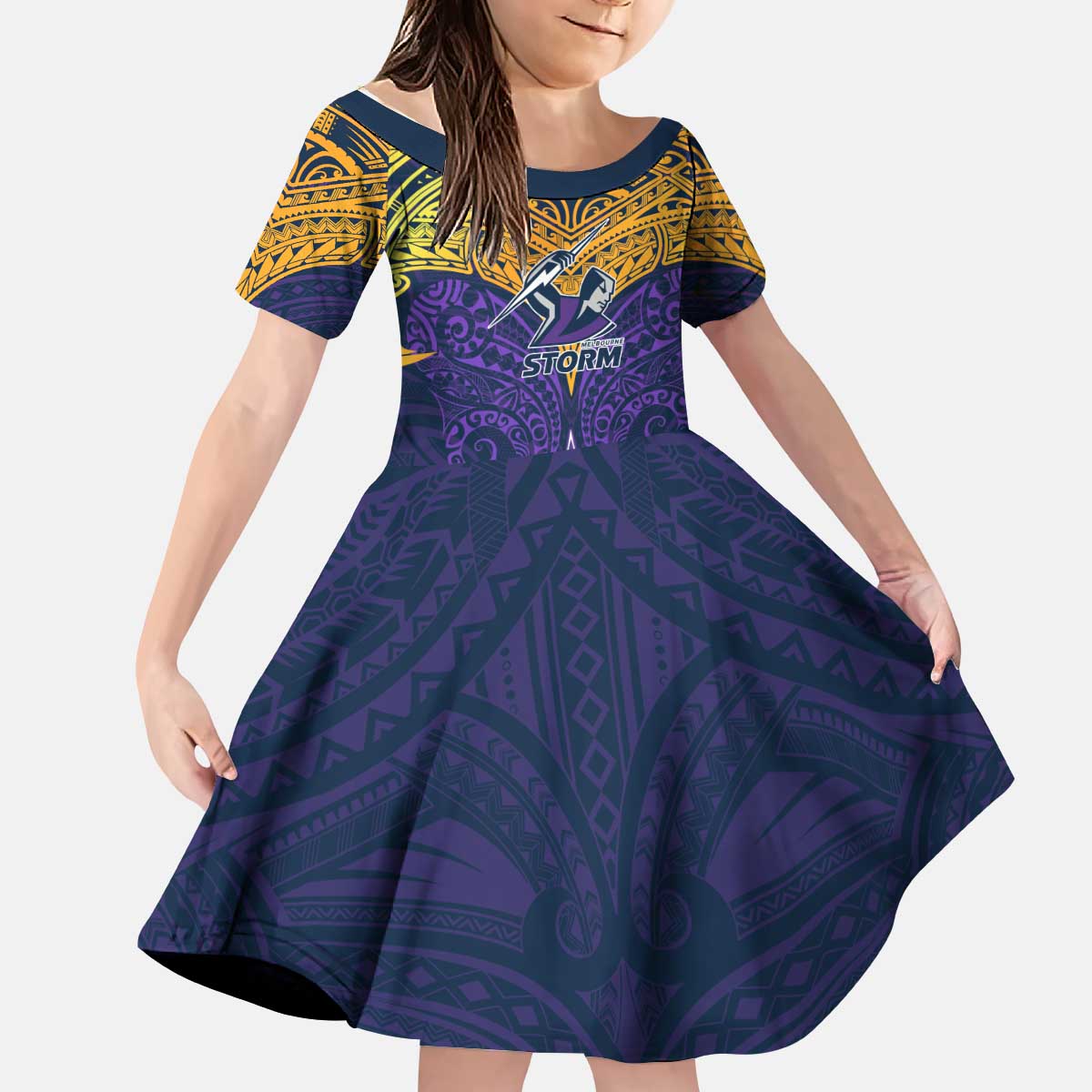 Personalized Melbourne Storm Kid Short Sleeve Dress Polynesian Tribal Pattern Style