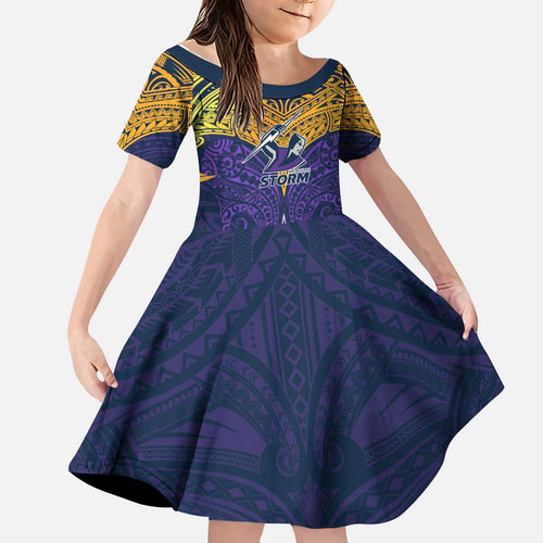 Personalized Melbourne Storm Kid Short Sleeve Dress Polynesian Tribal Pattern Style