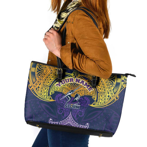 Personalized Melbourne Storm Leather Tote Bag Polynesian Tribal Pattern Style