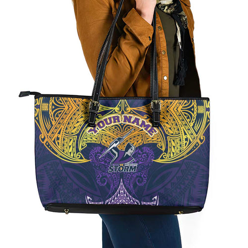Personalized Melbourne Storm Leather Tote Bag Polynesian Tribal Pattern Style