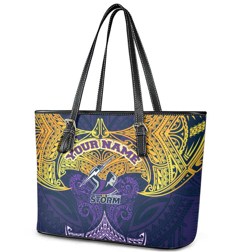 Personalized Melbourne Storm Leather Tote Bag Polynesian Tribal Pattern Style