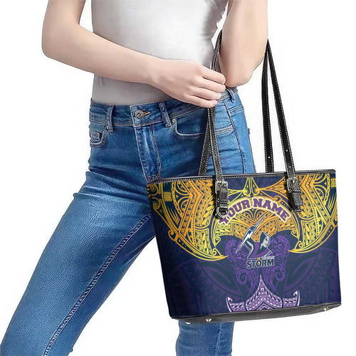 Personalized Melbourne Storm Leather Tote Bag Polynesian Tribal Pattern Style