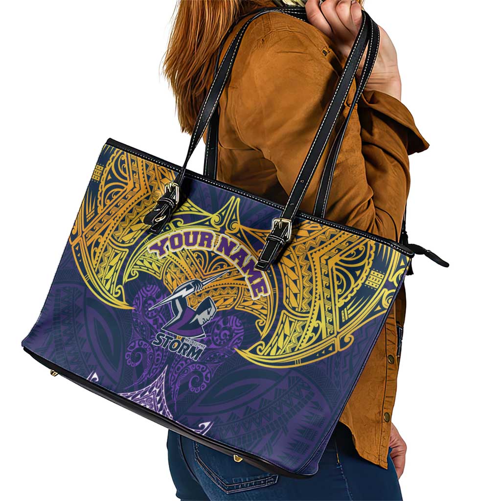 Personalized Melbourne Storm Leather Tote Bag Polynesian Tribal Pattern Style