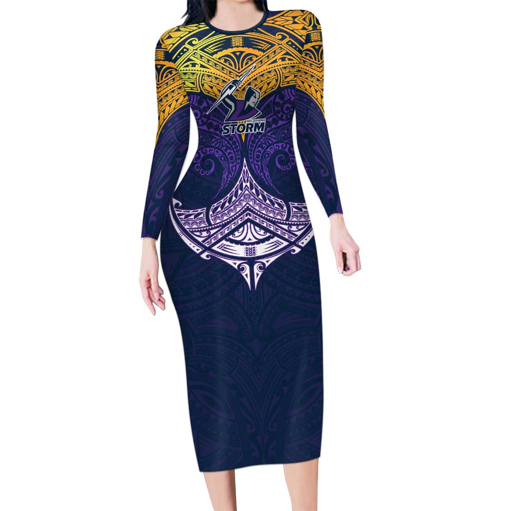 Personalized Melbourne Storm Long Sleeve Bodycon Dress Polynesian Tribal Pattern Style
