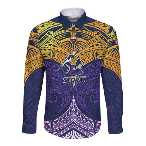 Personalized Melbourne Storm Long Sleeve Button Shirt Polynesian Tribal Pattern Style