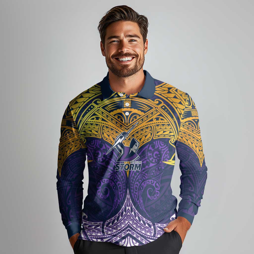 Personalized Melbourne Storm Long Sleeve Polo Shirt Polynesian Tribal Pattern Style