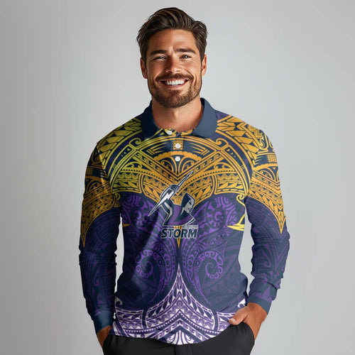 Personalized Melbourne Storm Long Sleeve Polo Shirt Polynesian Tribal Pattern Style