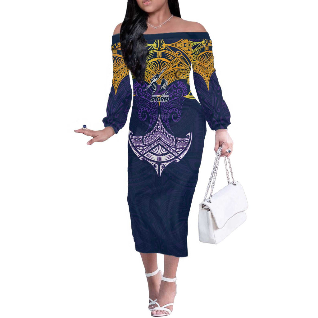 Personalized Melbourne Storm Off The Shoulder Long Sleeve Dress Polynesian Tribal Pattern Style