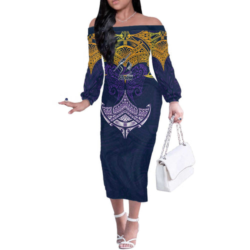 Personalized Melbourne Storm Off The Shoulder Long Sleeve Dress Polynesian Tribal Pattern Style