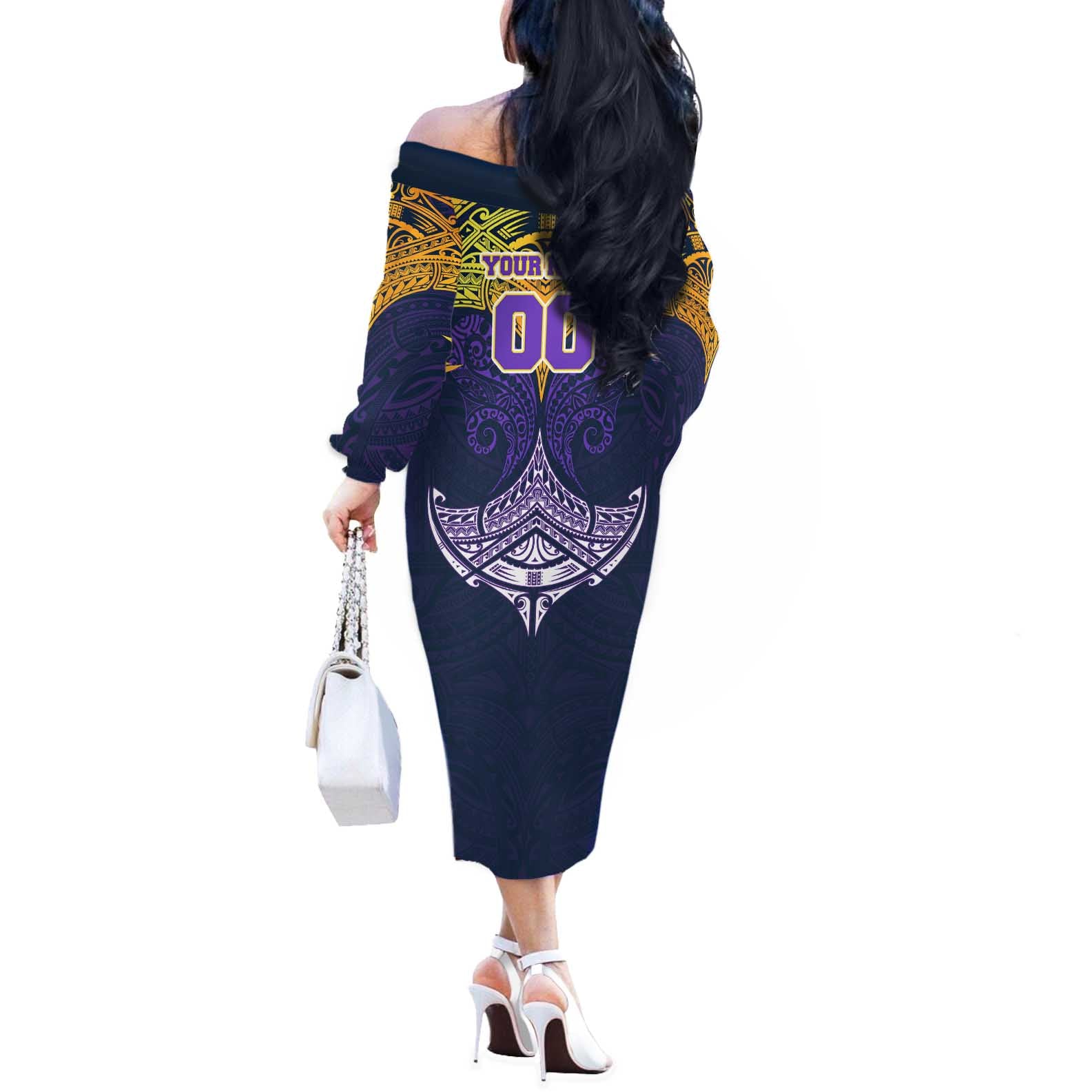 Personalized Melbourne Storm Off The Shoulder Long Sleeve Dress Polynesian Tribal Pattern Style