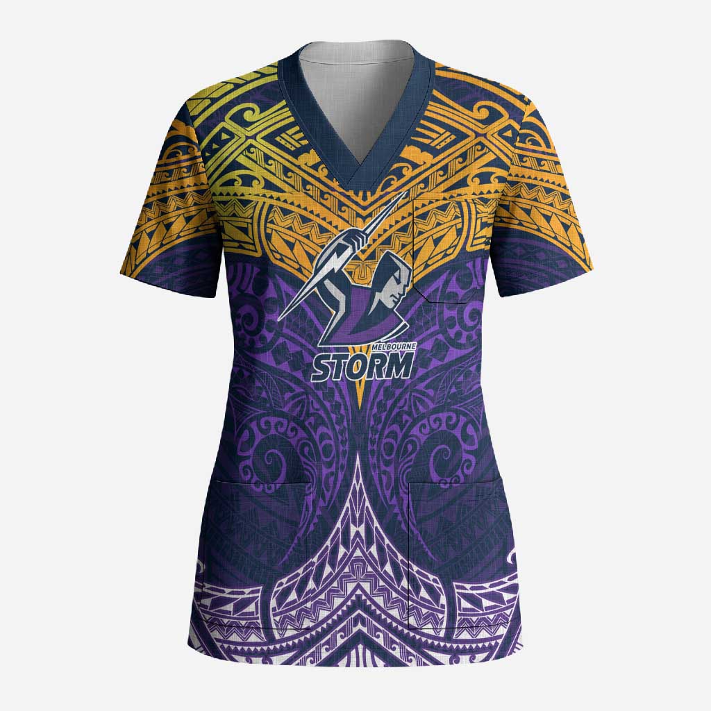 Personalized Melbourne Storm Scrub Top Polynesian Tribal Pattern Style