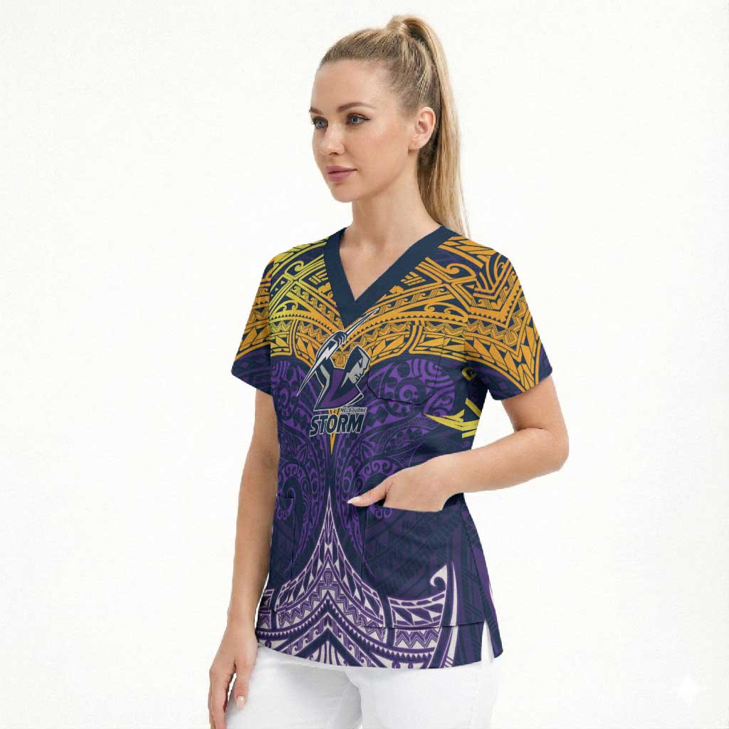 Personalized Melbourne Storm Scrub Top Polynesian Tribal Pattern Style