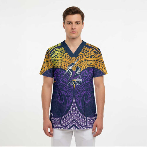 Personalized Melbourne Storm Scrub Top Polynesian Tribal Pattern Style