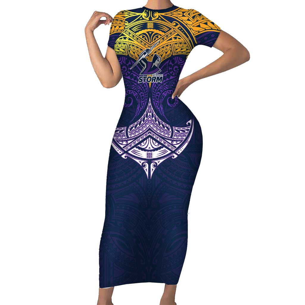 Personalized Melbourne Storm Short Sleeve Bodycon Dress Polynesian Tribal Pattern Style