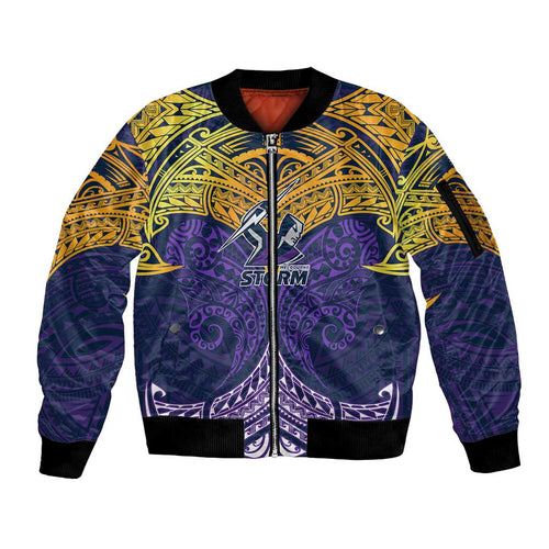 Personalized Melbourne Storm Sleeve Zip Bomber Jacket Polynesian Tribal Pattern Style