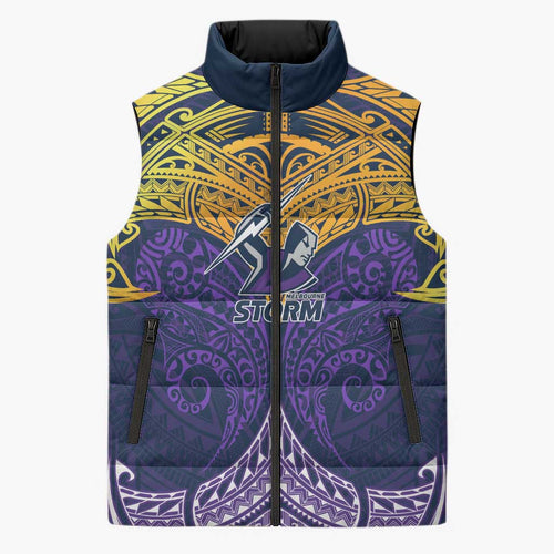 Personalized Melbourne Storm Sleeveless Puffer Jacket Polynesian Tribal Pattern Style