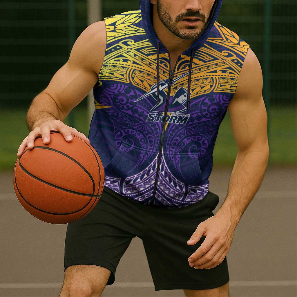Personalized Melbourne Storm Sleeveless Zip Hoodie Polynesian Tribal Pattern Style