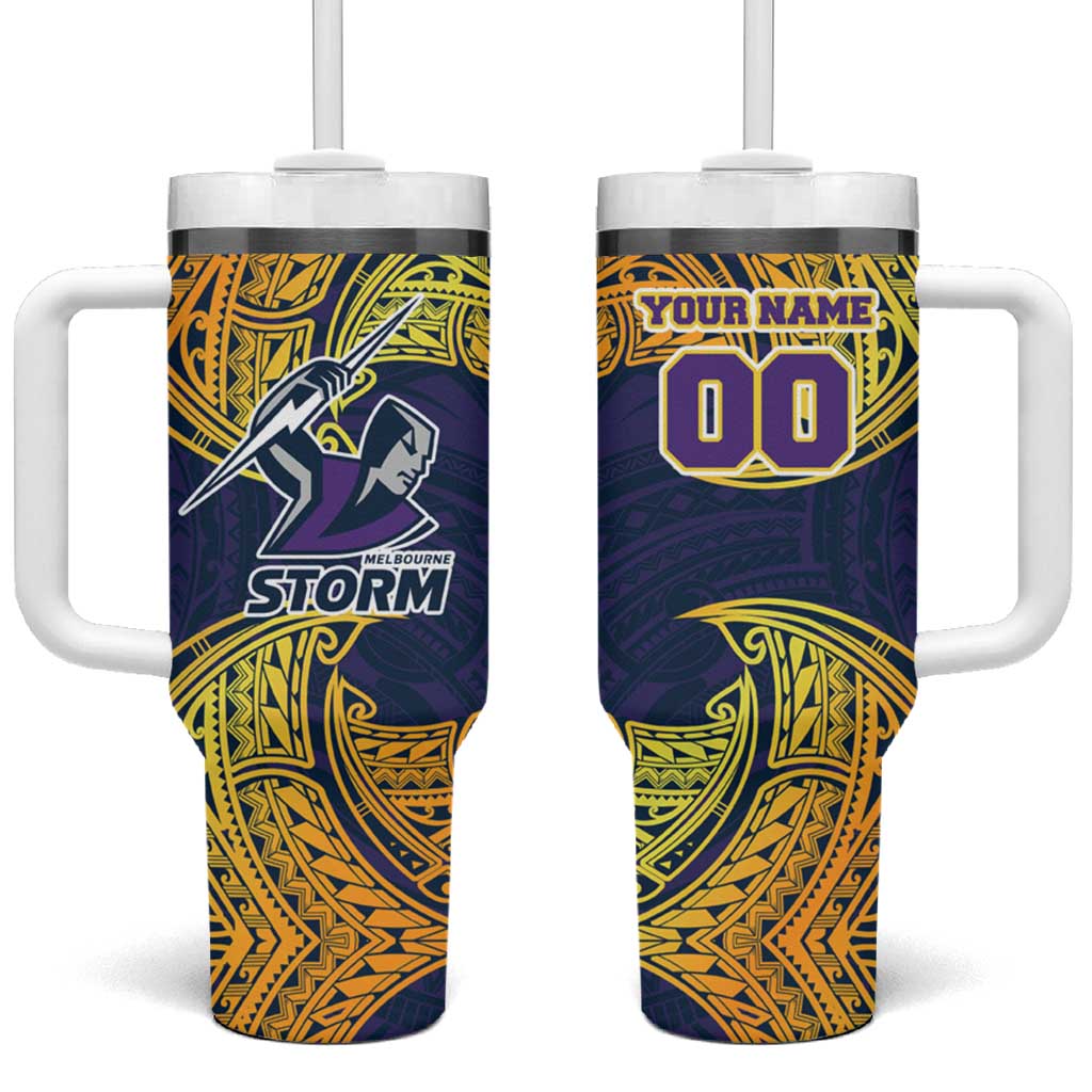 Personalized Melbourne Storm Tumbler With Handle Polynesian Tribal Pattern Style