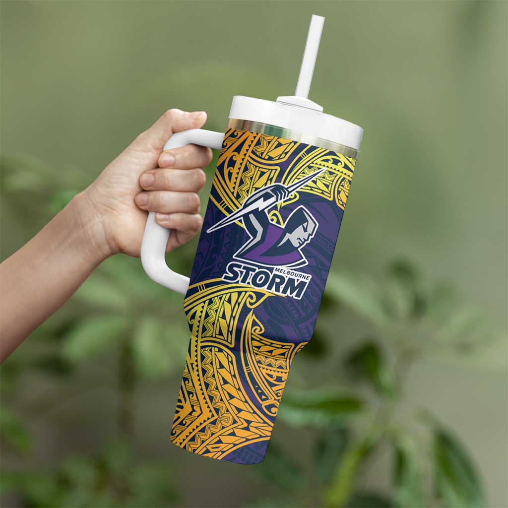 Personalized Melbourne Storm Tumbler With Handle Polynesian Tribal Pattern Style