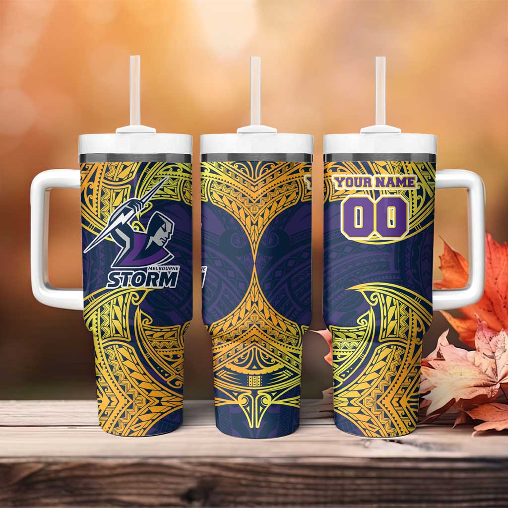 Personalized Melbourne Storm Tumbler With Handle Polynesian Tribal Pattern Style