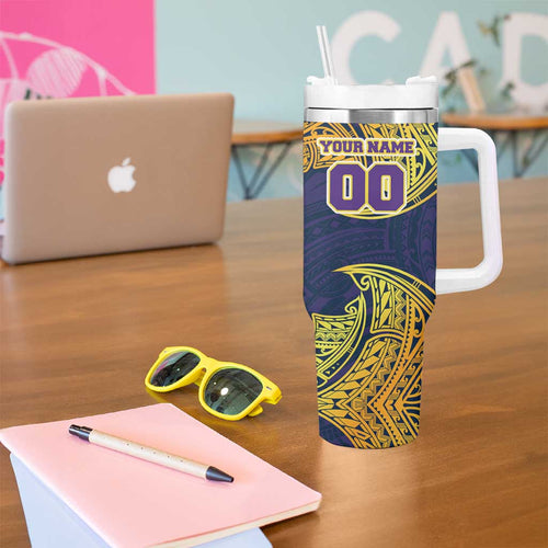 Personalized Melbourne Storm Tumbler With Handle Polynesian Tribal Pattern Style