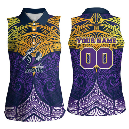 Personalized Melbourne Storm Women Sleeveless Polo Shirt Polynesian Tribal Pattern Style