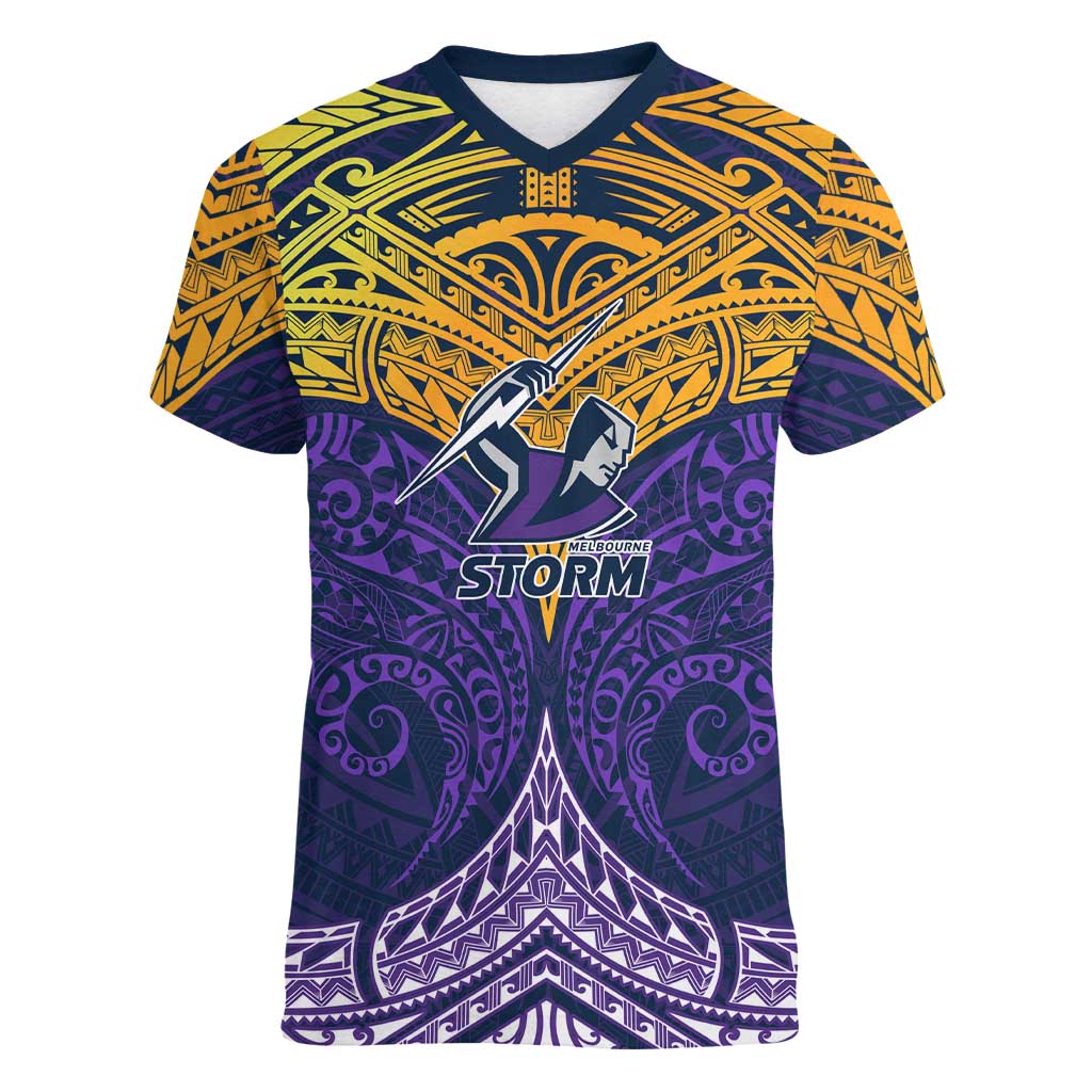 Personalized Melbourne Storm Women V-Neck T-Shirt Polynesian Tribal Pattern Style