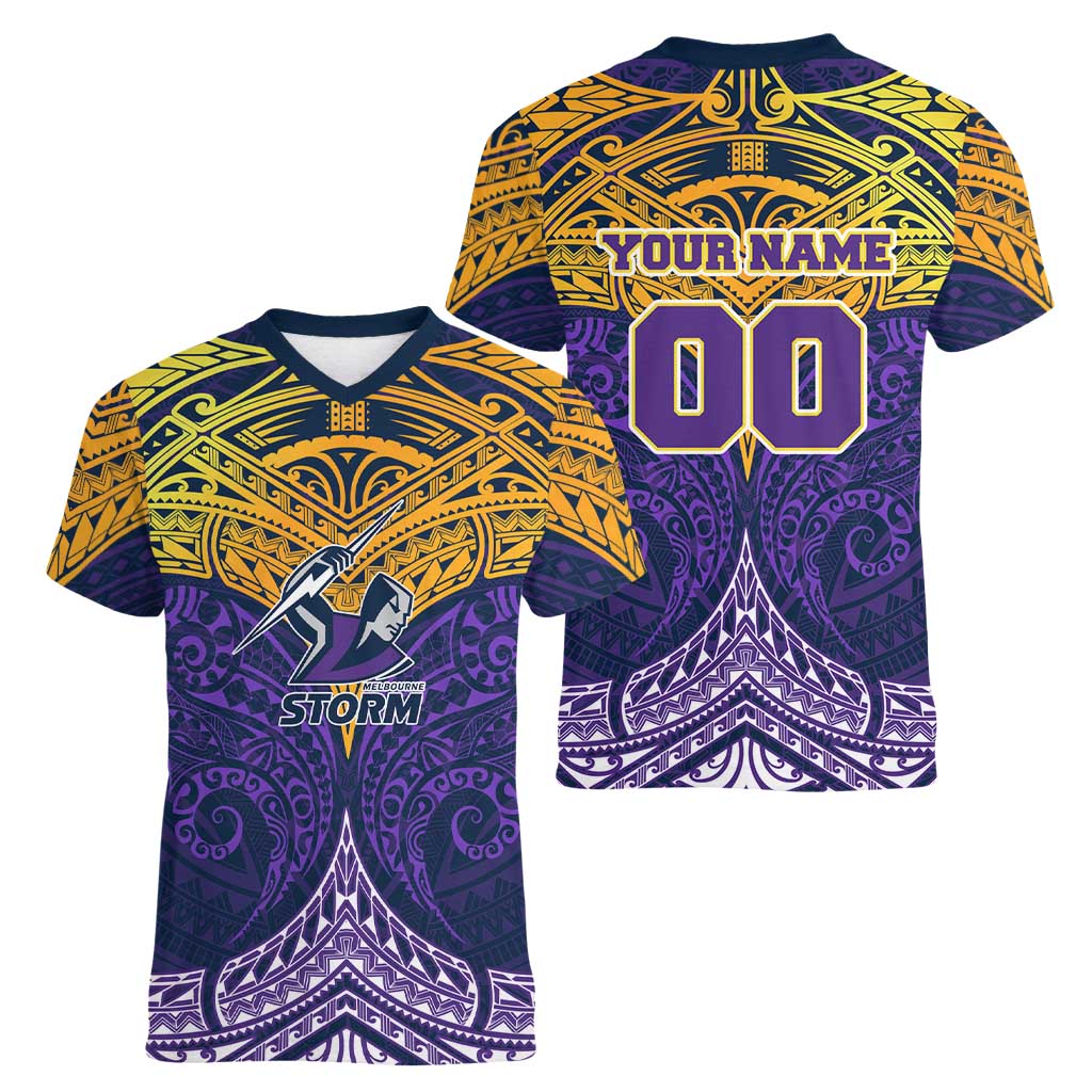 Personalized Melbourne Storm Women V-Neck T-Shirt Polynesian Tribal Pattern Style