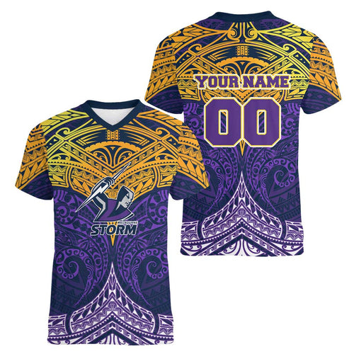 Personalized Melbourne Storm Women V-Neck T-Shirt Polynesian Tribal Pattern Style
