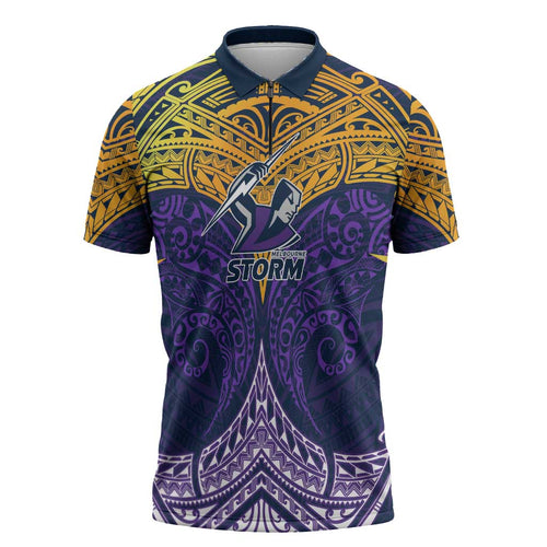 Personalized Melbourne Storm Zipper Polo Shirt Polynesian Tribal Pattern Style