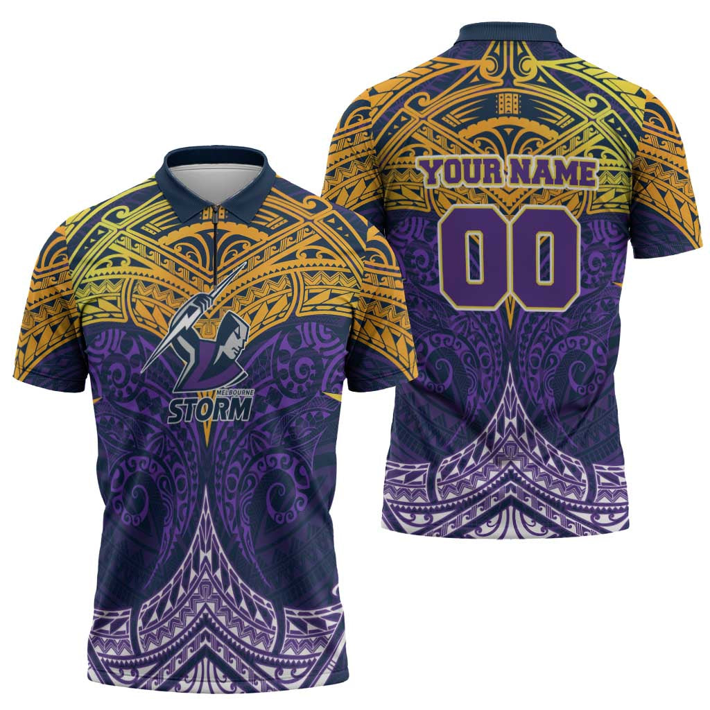 Personalized Melbourne Storm Zipper Polo Shirt Polynesian Tribal Pattern Style