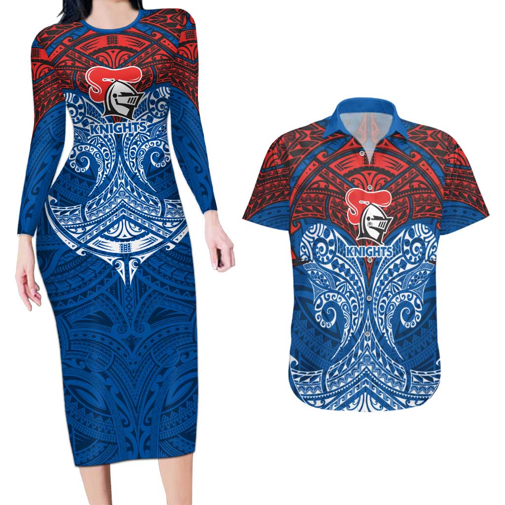 Personalized Newcastle Knights Couples Matching Long Sleeve Bodycon Dress and Hawaiian Shirt Polynesian Tribal Pattern Style
