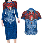 Personalized Newcastle Knights Couples Matching Long Sleeve Bodycon Dress and Hawaiian Shirt Polynesian Tribal Pattern Style