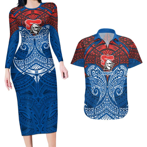 Personalized Newcastle Knights Couples Matching Long Sleeve Bodycon Dress and Hawaiian Shirt Polynesian Tribal Pattern Style