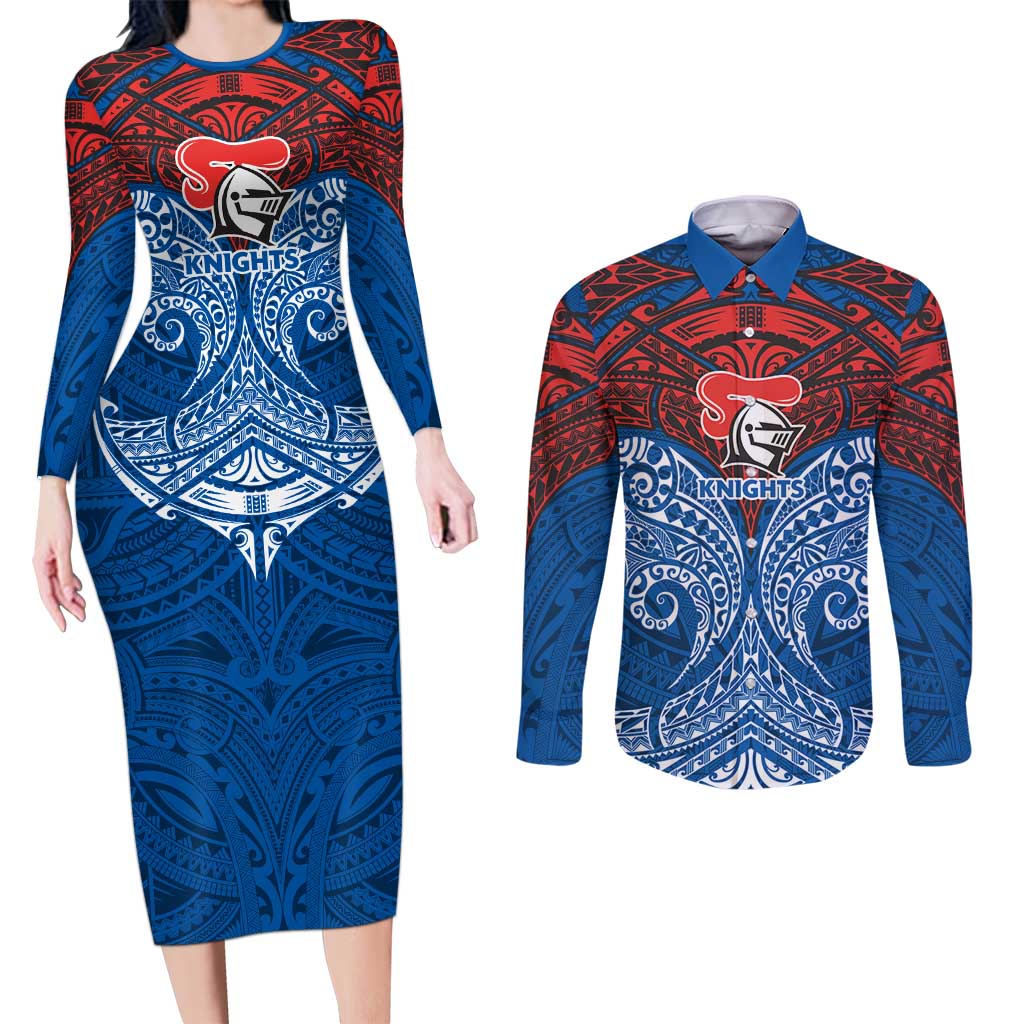 Personalized Newcastle Knights Couples Matching Long Sleeve Bodycon Dress and Long Sleeve Button Shirt Polynesian Tribal Pattern Style
